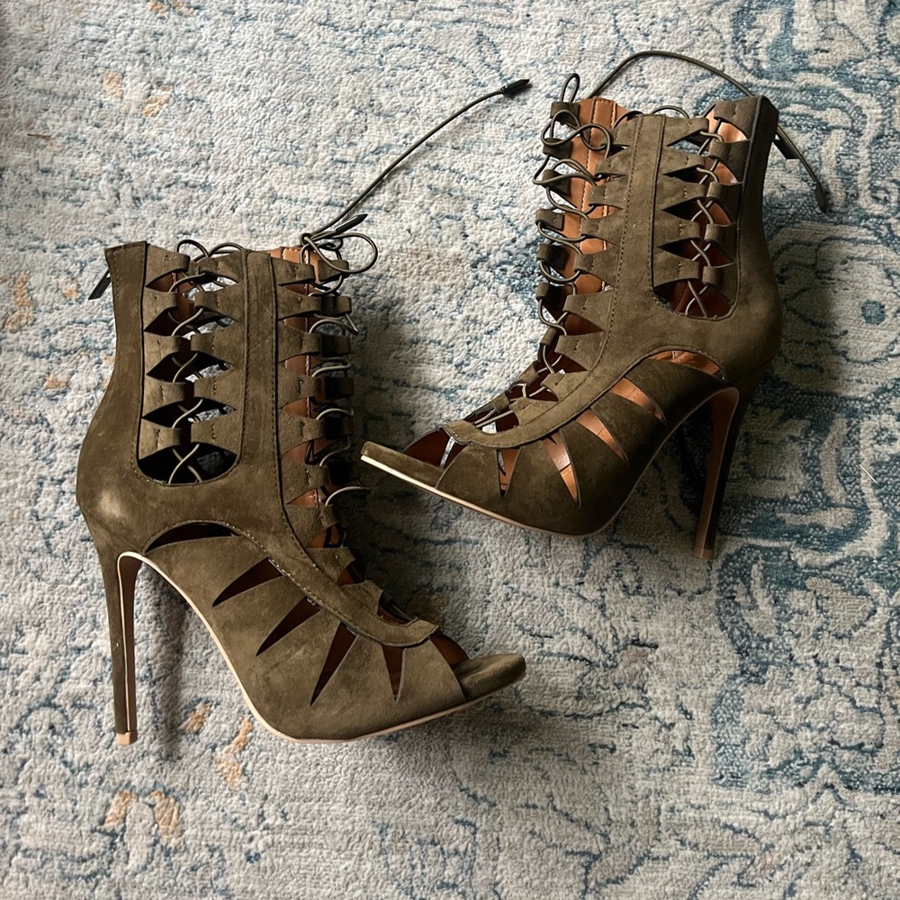 Olive green lace up gladiator heels